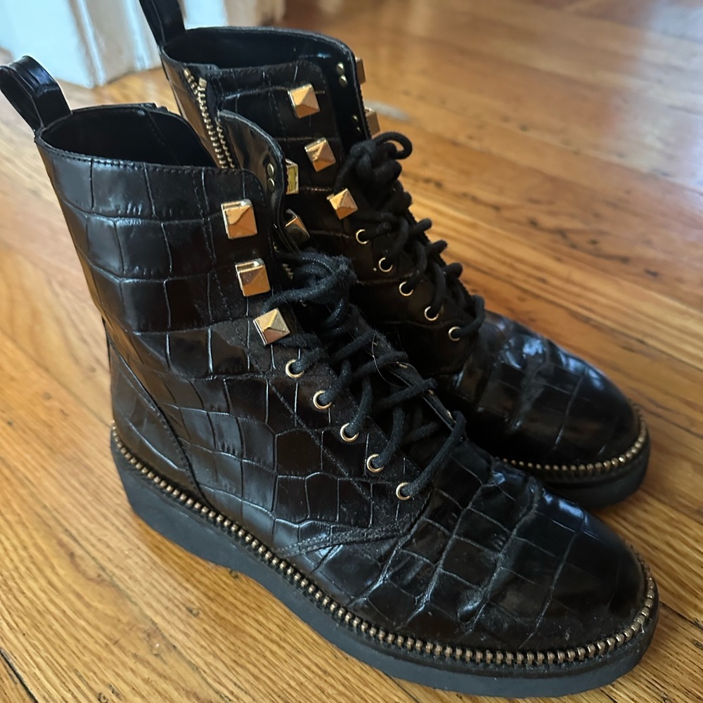 Michael Kors Black Lace Up Boots with Gold Accents